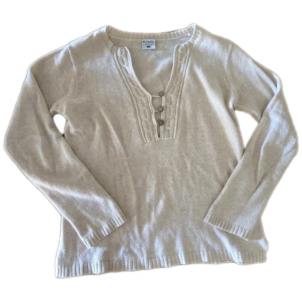 Columbia Women's Size S Small Y2K Beige Knit Sweater Angora Cotton Blend Henley